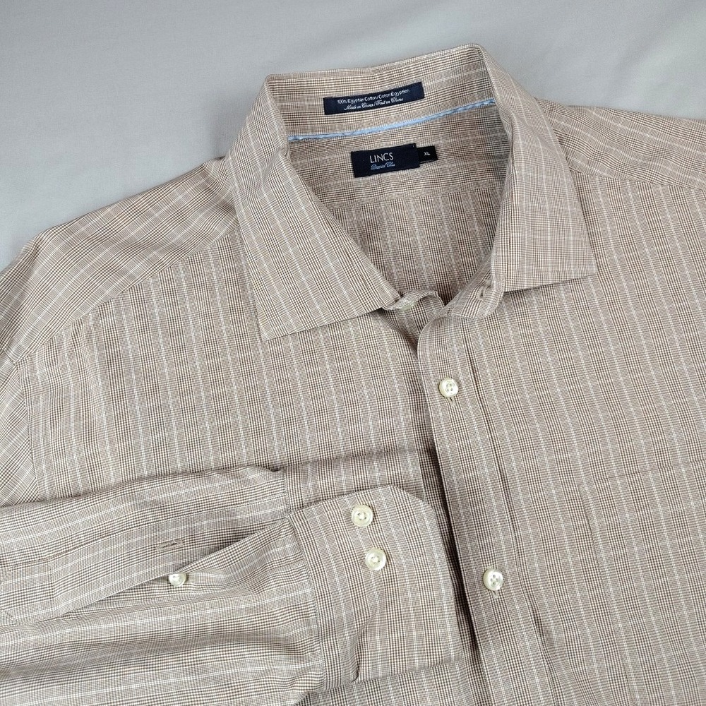 Lincs David Chu Mens XL Button Tan Down Long Sleeve Dress Shirt Egyptian Cotton